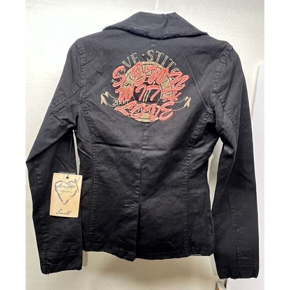 Love Stitch Woman’s Black Jean Jacket Blazer Size Small Embroidered Raw Hem NWT - Picture 3 of 12